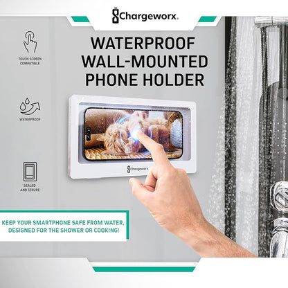 CHARGEWORX Waterproof Shower Phone Holder Wall Mount, Anti-Fog Touchscreen Phone Case for Bathroom, Universal Smartphone Holder up to 7”, Hands-Free Cell Phone Stand, White