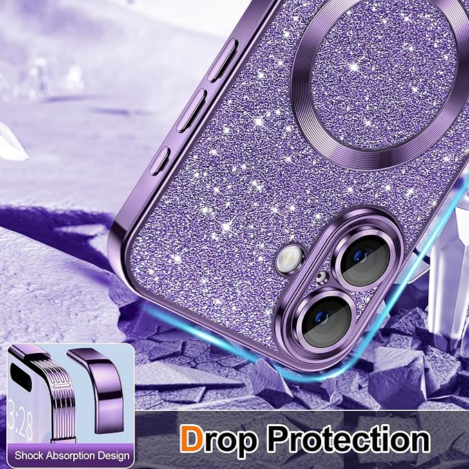 Hython for iPhone 17 Case Glitter Clear Magnetic Phone Cases [Compatible with MagSafe] Full Camera Lens Protector Sparkle Luxury Plating Slim Shockproof Protective Cover Women, Purple