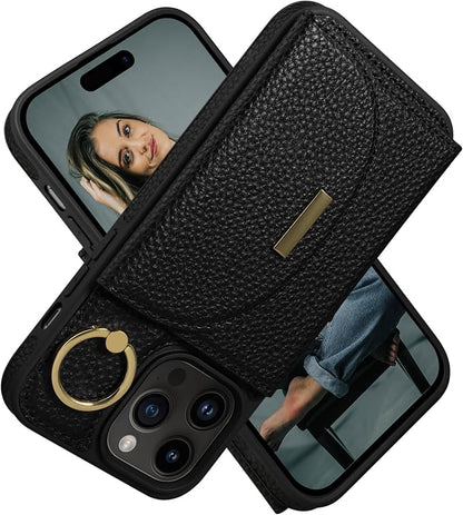 Keallce Wallet Case for iPhone 15 Pro Max 6.7'', Flip Case with Card Slots, Ring Holder Kickstand, PU Leather Protective Folio Cover for Women, Black