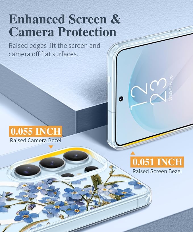GVIEWIN for Samsung Galaxy S26 Ultra Case Compatible with MagSafe, Clear Floral Shockproof Protective Women Phone Case, Non-Yellowing, Screen & Camera Lens Protector for S26 Ultra 6.9", Aconite/Blue