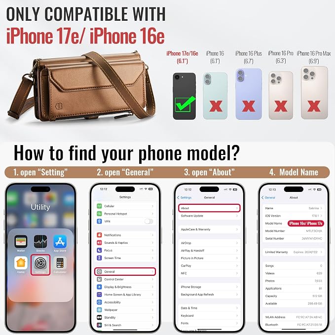 Strapurs Crossbody Wallet Case Compatible with iPhone 17e / iPhone 16e RFID Blocking 7-Card Holder PU Leather Magnetic Snap Shoulder Strap Zipper Pocket Phone Cases for iPhone 17e / 16e - Brown