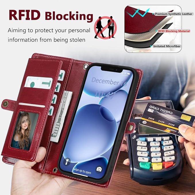Wallet Case for iPhone 12 Pro Max with Card Holder/Crossbody Wallet/Strap| RFID Blocking | Magnetic | Kickstand | Detachable | PU Leather Phone Case for iPhone 12 Pro Max,6.7 in,Wine Red