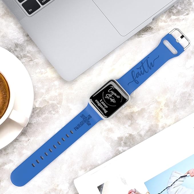 Faith with Cross Watch Band Compatible with Apple Watch Laser Engraved Silicone 38mm 40mm 41mm 42mm 44mm 45mm 46mm 49mm Strap Jesus Psalm Christian God Blessed (Sapphire Blue, 42/44/45/46/49mm M/L)