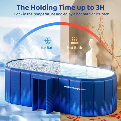 Portable Foldable Bathtub, Freestanding Bathtub No Installation, Bathroom SPA Soaking Bath Tub, Shower Stall Collapsible Hot & Ice Bath Tub (Blue with Storage Rack, 59"L x 21.6"W x 19.6"H)