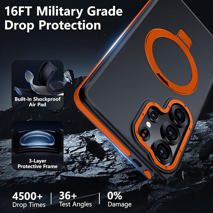 for Samsung Galaxy S25 Ultra Case, Magnetic Adjustable Ring Stand [Fit for Magsafe], [Military-Grade Shockproof Protection] Phone Case for S25 Ultra Case with Kickstand&Ring Holder (Orange)