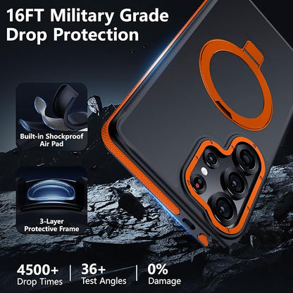 for Samsung Galaxy S25 Ultra Case, Magnetic Adjustable Ring Stand [Fit for Magsafe], [Military-Grade Shockproof Protection] Phone Case for S25 Ultra Case with Kickstand&Ring Holder (Orange)