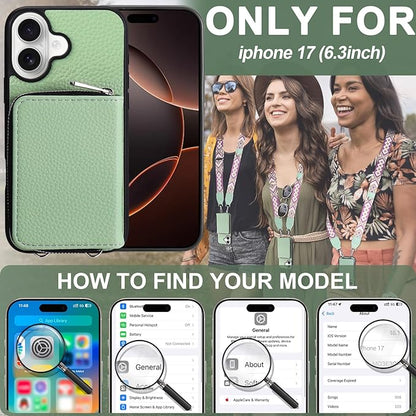 XANGNIER Wallet Case for iPhone 17 with Strap, RFID Blocking PU Leather Crossbody Phone Purse with Card Holder, Zipper Pocket, Wrist Strap & Adjustable Lanyard for Women 6.3" 5G, Green