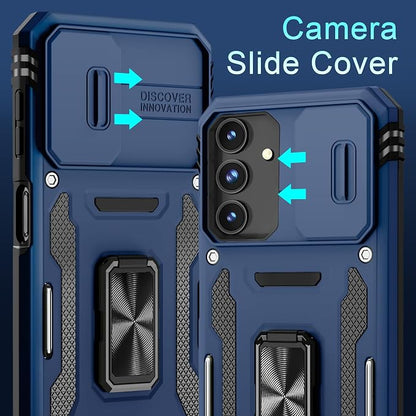 DEERLAMN Case for Samsung Galaxy A16 5G with Slide Camera Cover+Screen Protector (1 Pack), Rotated Ring Kickstand Military Grade Shockproof Protective Cover-Navy Blue