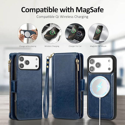 Antsturdy Compatible with Magsafe Magnetic 2 in 1 Detachable iPhone 17 Pro Wallet Case with Credit Card Holder Slots,PU Leather RFID Blocking Phone Cover Wrist Strap Zipper Women Men,Dark Blue