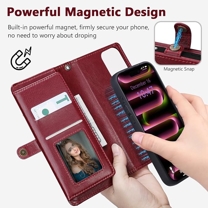 Wallet Case for iPhone 16 Pro with Card Holder/Crossbody Wallet/Strap| RFID Blocking | Magnetic | Kickstand | Detachable | PU Leather Phone Case for iPhone 16 Pro,6.3 in,Wine Red