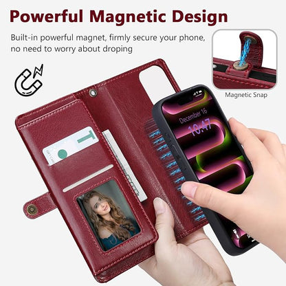 Wallet Case for iPhone 16 Pro with Card Holder/Crossbody Wallet/Strap| RFID Blocking | Magnetic | Kickstand | Detachable | PU Leather Phone Case for iPhone 16 Pro,6.3 in,Wine Red