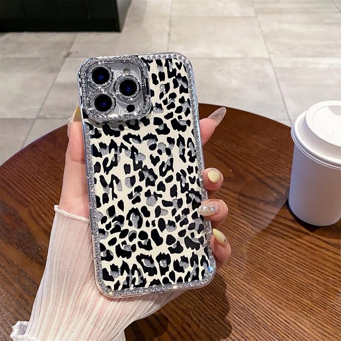 for iPhone 16 pro max Case Glitter Camera Lens Protector Phone Case for Women Girls Aesthetic Design TPU Shockproof Protective Case (Leopard)