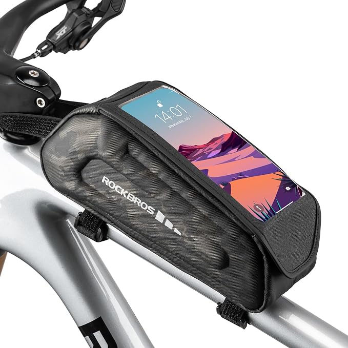 ROCKBROS Bike Phone Mount Racks & Bag, Oversized EVA Waterproof Bike Phone Holder Top Tube Front Frame Bag Bicycle Accessories Pouch for Phones Under 7.5” (Camo-1.7L(Flip-top design))