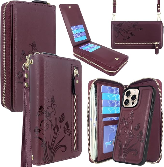 Lacass for iPhone 16 Pro Max 6.9 inch 2024 Wallet Case, Crossbody Dual Zipper Detachable Magnetic Leather Wallet Case Cover Wristlets Wrist Strap 13 Card Slots Money Pocket(Floral Wine Red)