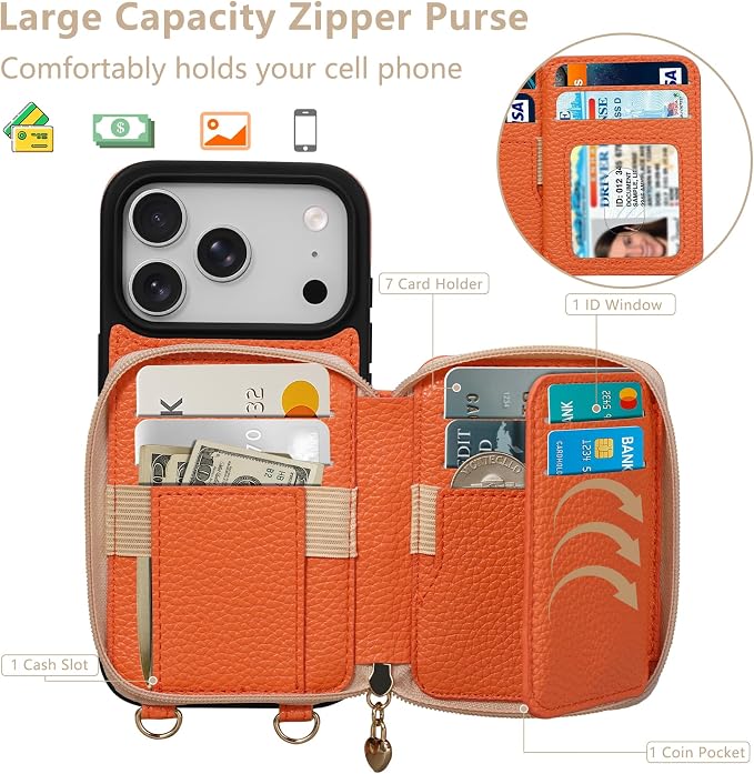 Keallce Case for iPhone 17 Pro 6.3'' Case Wallet, Crossbody Zipper Purse with RFID Blocking Card Slots Kickstand, Lanyard & Handstrap Flip Folio Leather Phone Cover for iPhone 17 Pro, Orange
