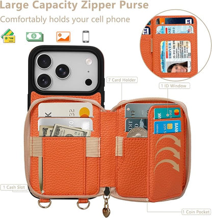Keallce Case for iPhone 17 Pro 6.3'' Case Wallet, Crossbody Zipper Purse with RFID Blocking Card Slots Kickstand, Lanyard & Handstrap Flip Folio Leather Phone Cover for iPhone 17 Pro, Orange