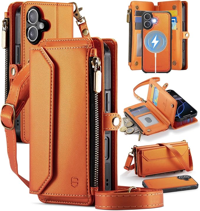 Strapurs for iPhone 17 Detachable Wallet Case Compatible with Magsafe for Women, RFID Blocking 9-Card Holder Zipper Wrist Strap Lanyard PU Leather Magnetic Phone Case for iPhone 17 6.3", Orange