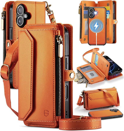 Strapurs for iPhone 17 Detachable Wallet Case Compatible with Magsafe for Women, RFID Blocking 9-Card Holder Zipper Wrist Strap Lanyard PU Leather Magnetic Phone Case for iPhone 17 6.3", Orange