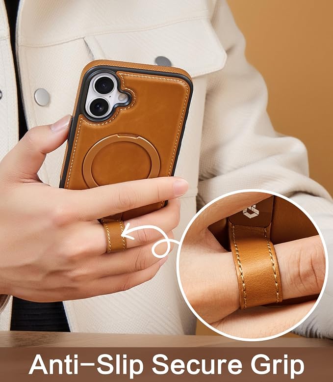 for iPhone 17 Leather Case with Stand, Anti-Slip Grip Ring, Fits for MagSafe (Brown, iPhone 17)
