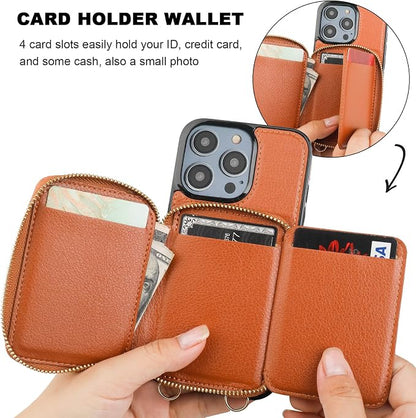 Bocasal RFID Blocking Wallet Case for iPhone 14 Pro, Adjustable Crossbody Zipper Purse Case Card Holder with Kickstand Detachable Wrist Strap, PU Leather Flip Folio Case 6.1 Inch 5G (Brown)