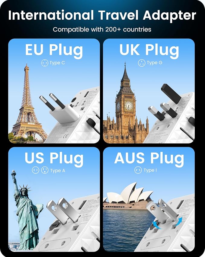 LENCENT 85W Universal Travel Power Adapter with Retractable USB C Cable | GaN International Travel Adapter with 1 USB-A & 3 Type C Fast Charging, Worldwide Plug Adaptor for US to EU UK Type C/G/A/I