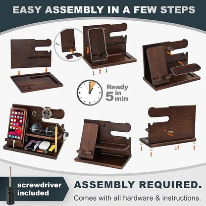 TESLYAR Wood Phone Docking Station for Men - Desk or Nightstand Organizer - Birthday Gifts for Husband, Dad - Anniversary Idea from Wife - Key Holder, Stand Wallet, Watch, Essentials (Chocolate Brown)