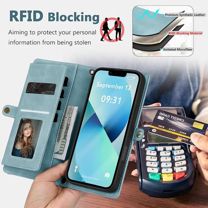 Wallet Case for iPhone 13 with Card Holder/Crossbody Wallet/Strap| RFID Blocking | Magnetic | Kickstand | Detachable | PU Leather Phone Case for iPhone 13,6.1 in,Blue