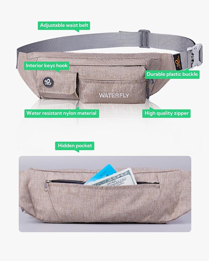 WATERFLY Fanny Pack for Women Men Water Resistant Small Waist Pouch Slim Belt Bag with 4 Pockets for Running Travelling Hiking Walking Lightweight Crossbody Chest Bag Fit All Phones…