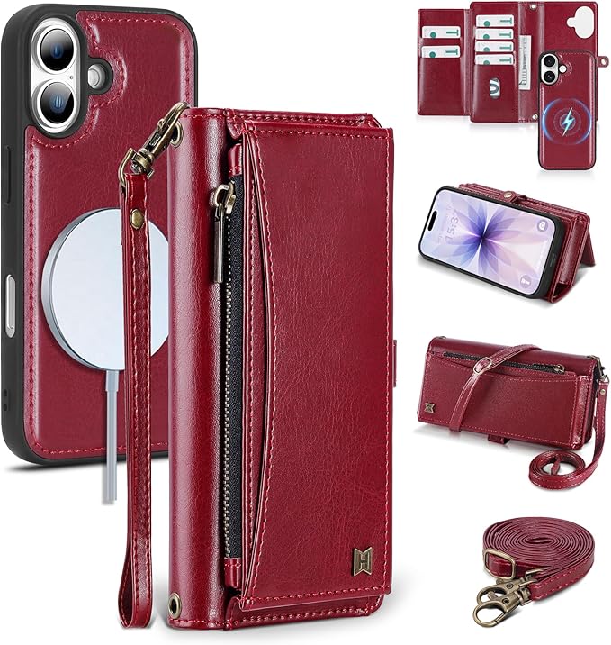 Wallet Case for iPhone 17 with Card Holder/Crossbody Wallet/Strap,[RFID Blocking][Magnetic] PU Leather Phone Case for iPhone 17,6.3 in,Wine Red