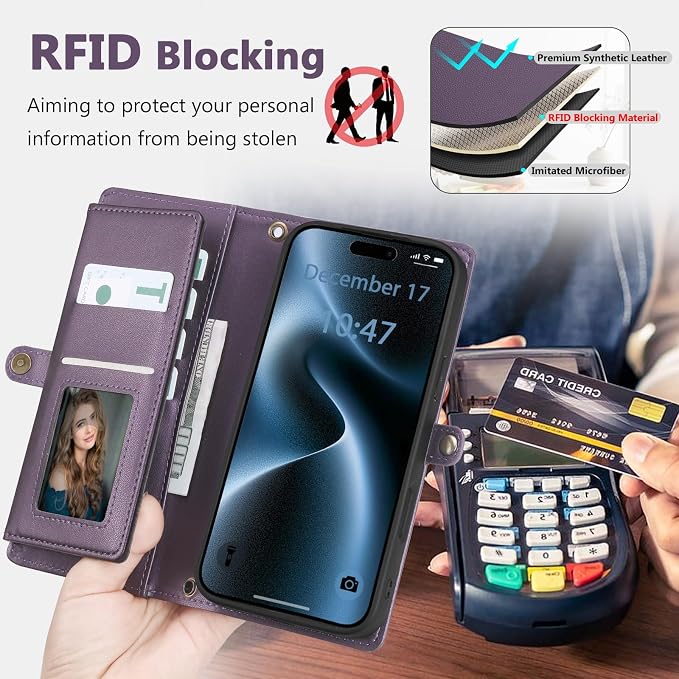 Wallet Case for iPhone 15 Pro Max with Card Holder/Crossbody Wallet/Strap| RFID Blocking | Magnetic | Kickstand | Detachable | PU Leather Phone Case for iPhone 15 Pro Max,6.7 in,Purple
