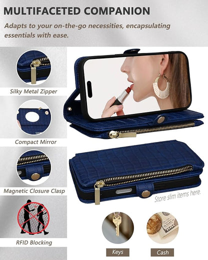 Crossbody Wallet Case for iPhone 17 Pro with Mirror, Wrist Strap, Zipper Purse Magnetic Flip, RFID Blocking Card Holder, Wireless Charging, PU Leather Shockproof 6.3" Women (Navy Blue)