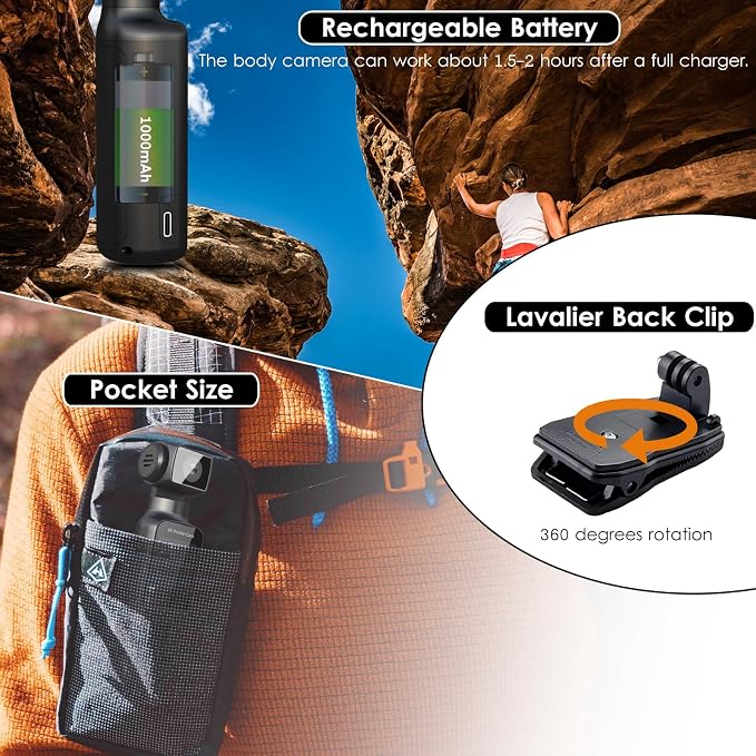 4K Body Camera with External Microphone, Mini Video & Audio Pocket Cam 270° Rotation Camera for Outdoor Sport, Bike, Travel, Police Law Enforcement, Personal Civilians, 128GB Included