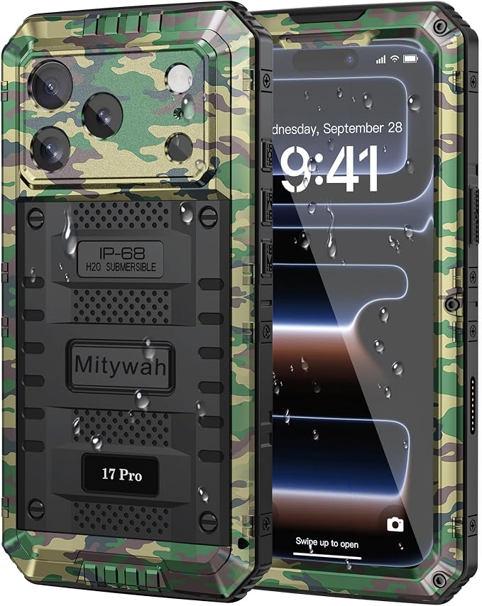 Mitywah Waterproof Case for iPhone 17 Pro, Rugged Metal Case with Built-in Screen Protector, Heavy Duty Full Body Shockproof Protective Cover 6.3 inch, Camouflage