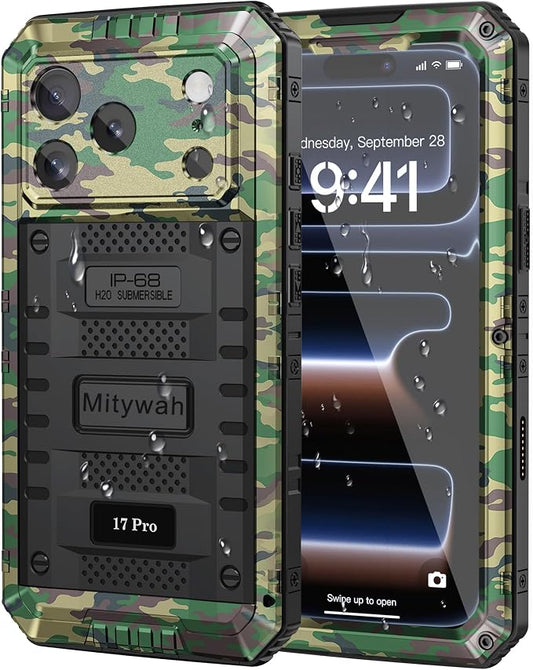 Mitywah Waterproof Case for iPhone 17 Pro, Rugged Metal Case with Built-in Screen Protector, Heavy Duty Full Body Shockproof Protective Cover 6.3 inch, Camouflage