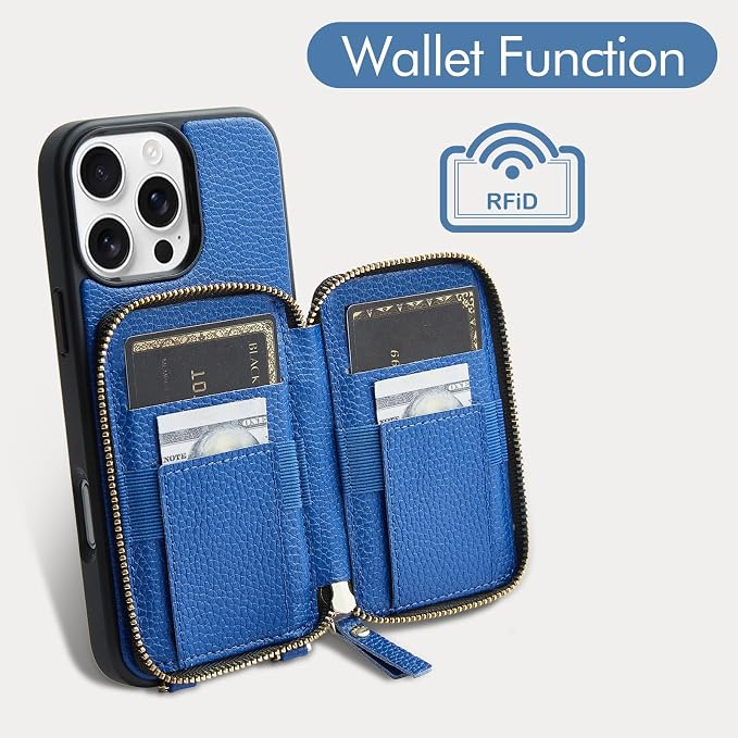 ZVE for iPhone 16 Pro Case Wallet, Card Holder Leather Phone Protective Handbag Flip Cover with Crossbody Strap for iPhone 16 Pro 6.3" Navy Blue