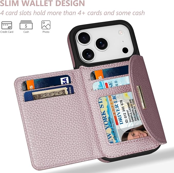 Keallce Wallet Case for iPhone 17 Pro 6.3'', Flip Case with RFID Blocking Card Holder Slots Kickstand, PU Leather Protective Folio Cover for Women, Rosegold