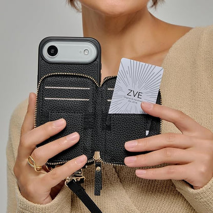 ZVE for iPhone Air Wallet Case with Card Holder, Zipper Crossbody Purse with Wrist Strap for Women 6.5" Black