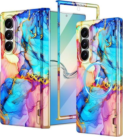 Btscase for Samsung Galaxy Z Fold 7 Case,Built in Front Screen Protector,Gold Glitter Marble Pattern Hard PC Slim Shockproof Full Body Drop Protective Case for Galaxy Z Fold 7 5G, Bright Blue