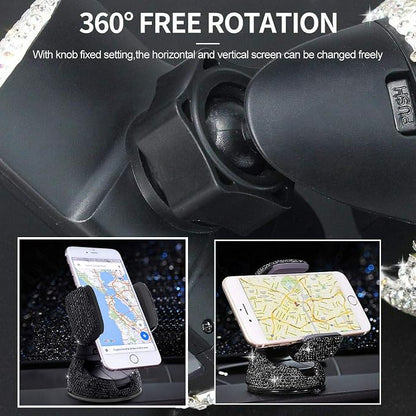 SUNCARACCL Bling Car Phone Holder, 360°Adjustable Crystal Auto Phone Mount Universal Rhinestone Car Stand Phone Holder Car Accessories for Windshield Dashboard and Air Outlet (Black)