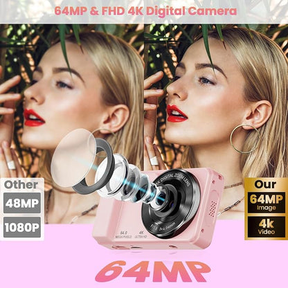64MP 4K Digital Camera, Hoestr 18X Zoom Autofocus Point and Shoot Compact Camera with 64GB TF Card, Flash, 2.8" LCD Screen for Teens Gifts Adult Beginner Travel Photography Vlogging (Pink)
