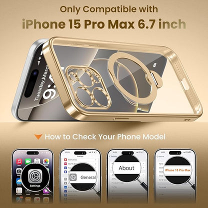GolbinBox for iPhone 15 Pro Max Case with 360° Spin Magnetic Stand,[Compatible with Magsafe] [Military Protection][Built-in Ring Holder] Shockproof Phone Case for 15 Pro Max, Gold/Clear