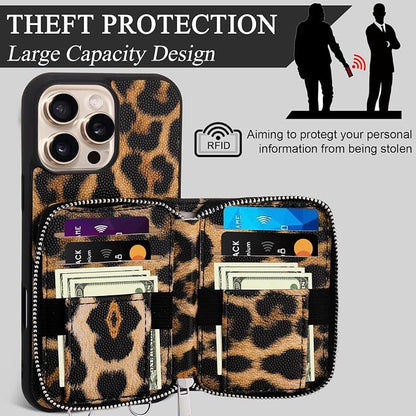 XANGNIER Wallet Case for iPhone 16 Pro Max, RFID Blocking PU Leather Crossbody Phone Purse with Card Holder, Zipper Pocket, Wrist Strap & Adjustable Lanyard for Women 6.9" 5G,Leopard Print