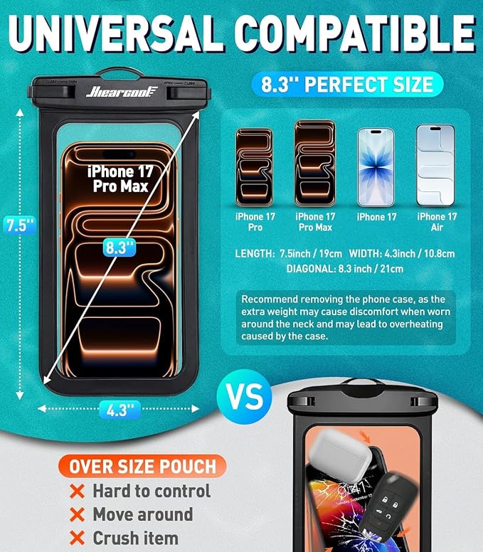 Hiearcool Universal Waterproof Phone Pouch Compatible for iPhone 16 15 14 13 Pro Max Plus Up to 8.3", IPX8 Beach Travel Essentials-Black&Purple-2Pack