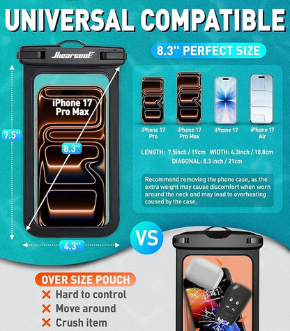 Hiearcool Universal Waterproof Phone Pouch Compatible for iPhone 16 15 14 13 Pro Max Plus Up to 8.3", IPX8 Beach Travel Essentials-Black&Purple-2Pack