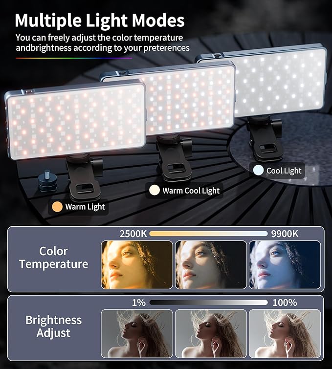 Selfie Camera Phone Light with Metal Hotshoe & Clip, 135 LED CRI 96+ 2500K-9900K 4000mAh RGB Video Light for iPhone, Cameras, Selfie, Video Conference, TikTok Live Streaming, Gifts for Men & Women