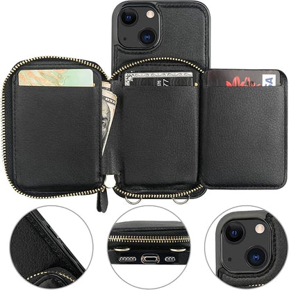 Bocasal RFID Blocking Wallet Case for iPhone 14 iPhone 13, Adjustable Crossbody Zipper Purse Case Card Holder with Kickstand Detachable Wrist Strap, PU Leather Flip Folio Case 6.1 Inch 5G (Black)