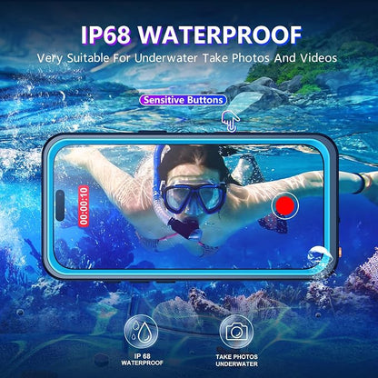 Temdan Compatible with iPhone 16 Case Waterproof, Built-in Screen & Camera Protector IP68 Underwater Full Body 16FT Military Dropproof Shockproof Phone Case 6.1"-Blue/Clear