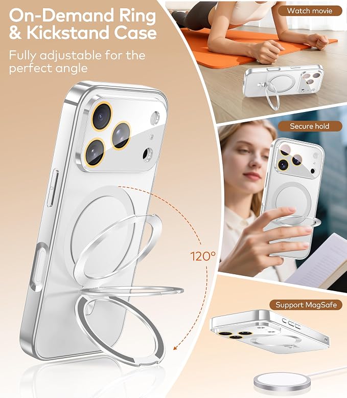 Magnetic for iPhone 17 Pro Case with Ring Stand, Fits MagSafe, with Built-in Camera Cover, Slim Electroplated Shockproof Phone Case, Silver