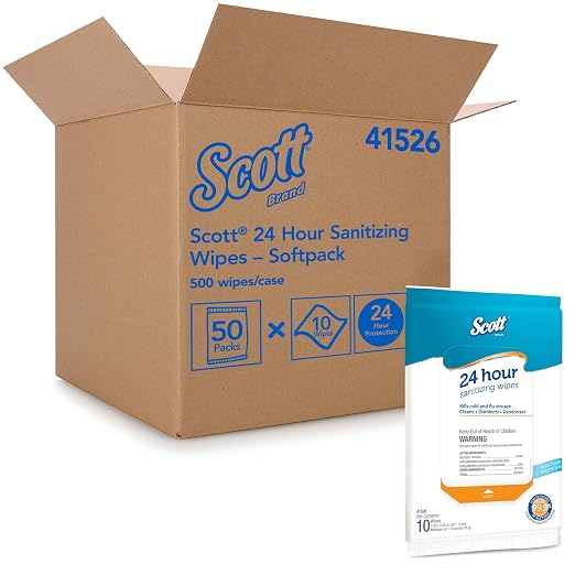 Scott 24 Hour Sanitizing Wipes – Multi-Surface Cleaning & Disinfecting, Continuous Sanitization for 24 Hours – (41526), 50 Packs x 10, 500 Wipes