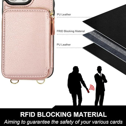Bocasal for MagSafe Crossbody Wallet Case Compatible with iPhone 15 Pro Max, RFID Blocking Protective Purse Case with Card Slots Holder Kickstand Wrist Strap Lanyard Zipper 6.7 Inch 5G (Rose Gold)